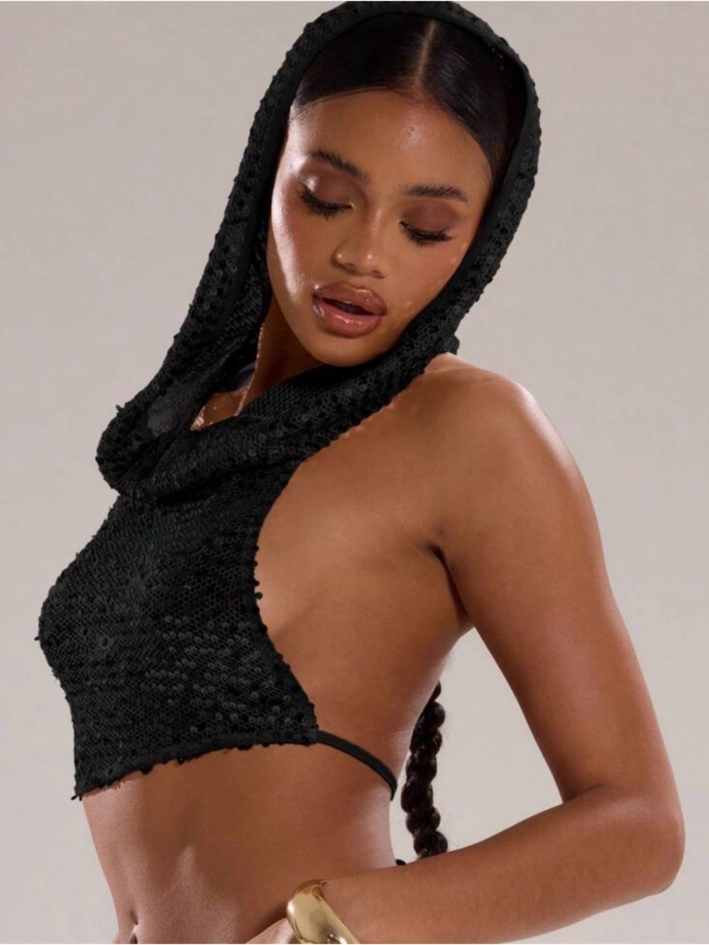 Black Sequin Hooded Crop Top